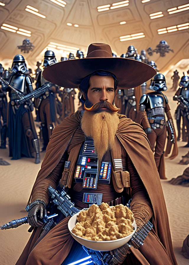 Bearded man with lightsaber and chicken nuggets surrounded by robot soldiers in sci-fi scene