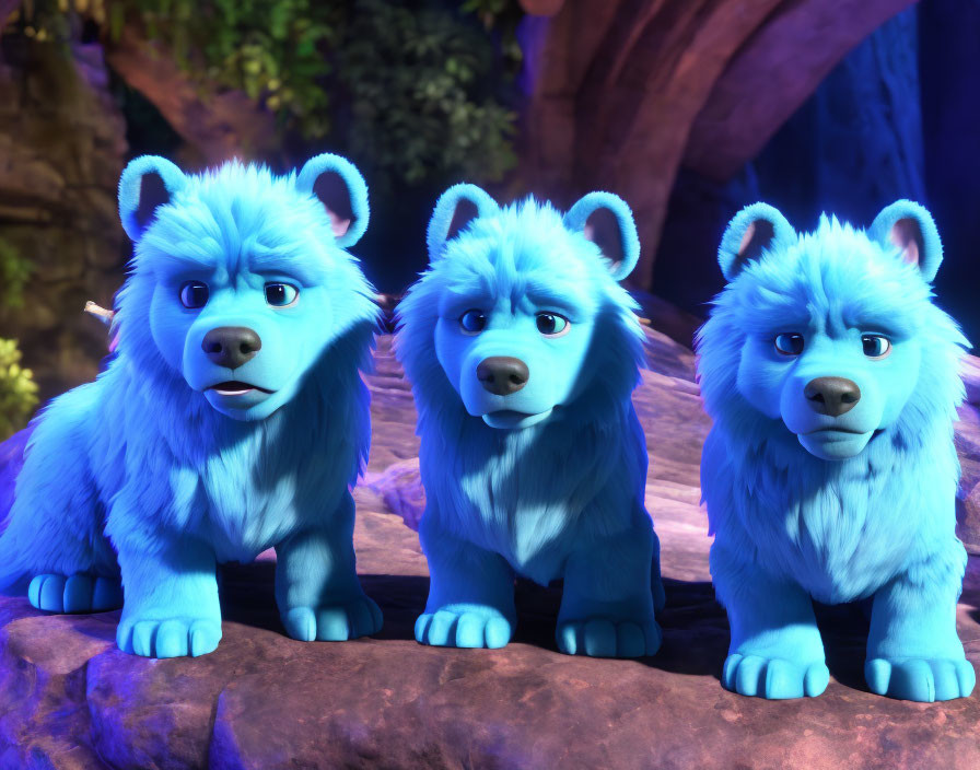 Three animated blue bears with expressive eyes in a night-time woodland.