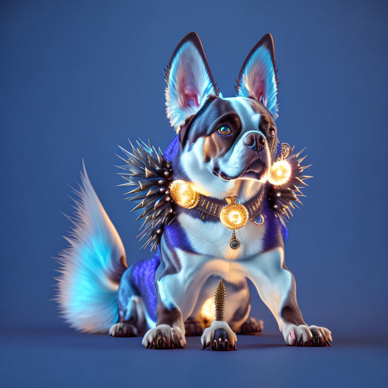 Stylized digital artwork: Punk dog with spiked collar on blue background