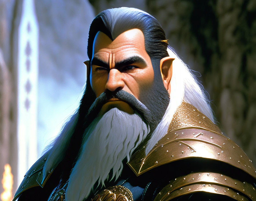 Fantasy dwarf digital illustration with white beard and golden armor
