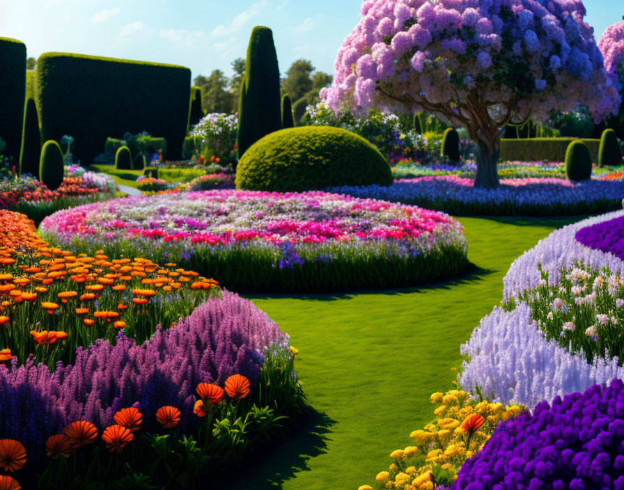 Colorful Flower Beds and Trimmed Hedges in Vibrant Garden