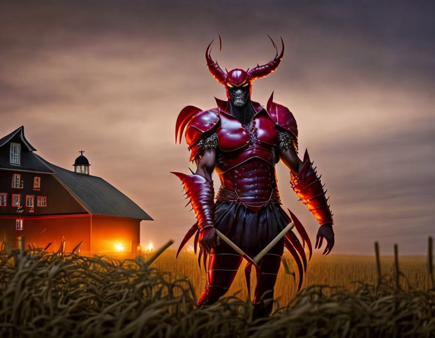 Armored figure with demonic horns in field at dusk against barn and moody sky