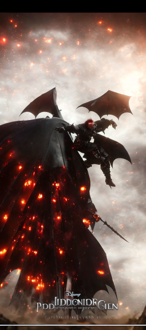 Dark armored dragon and knight against fiery sky.