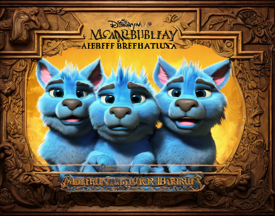 Three animated blue cats in golden decorative frame