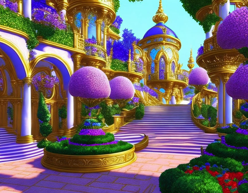 Colorful Palace with Golden Domes and Topiary Gardens