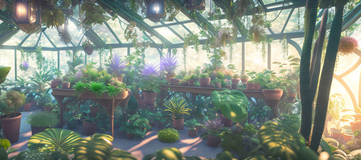 Greenhouse filled with plants under sunlight
