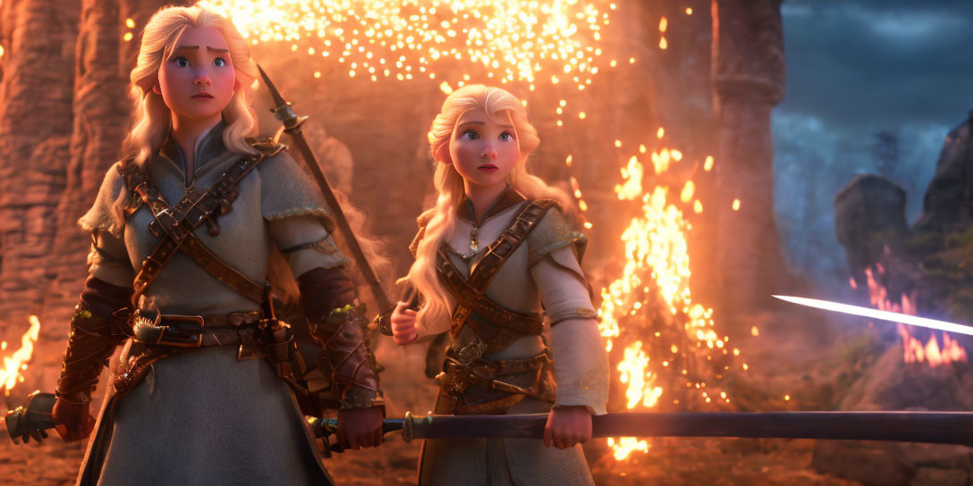 Medieval warrior outfits in fiery battle scene with animated female characters