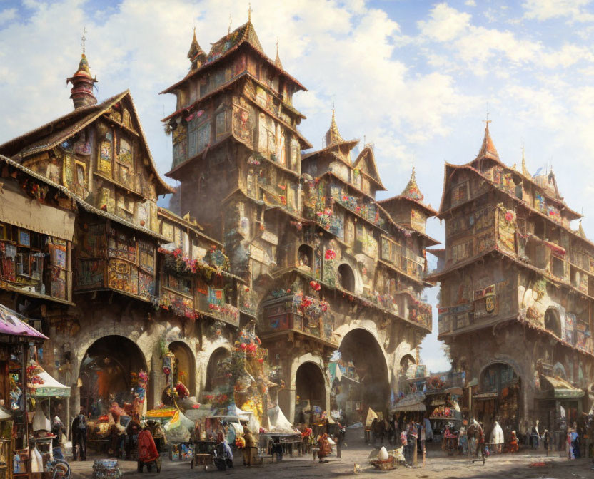 Medieval market street with ornate buildings and colorful stalls