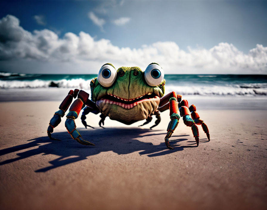 Composite Image: Crab with Frog's Head on Sandy Beach