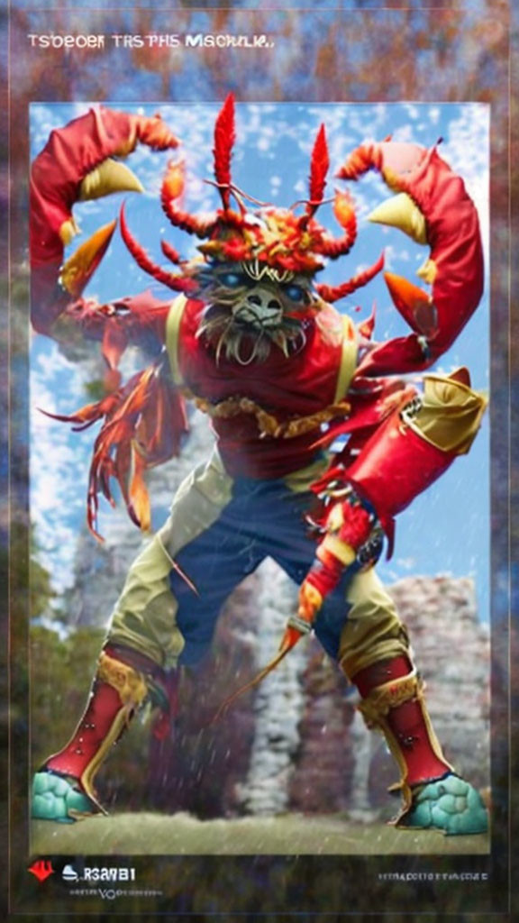 Vibrant anthropomorphic lobster warrior in temple setting