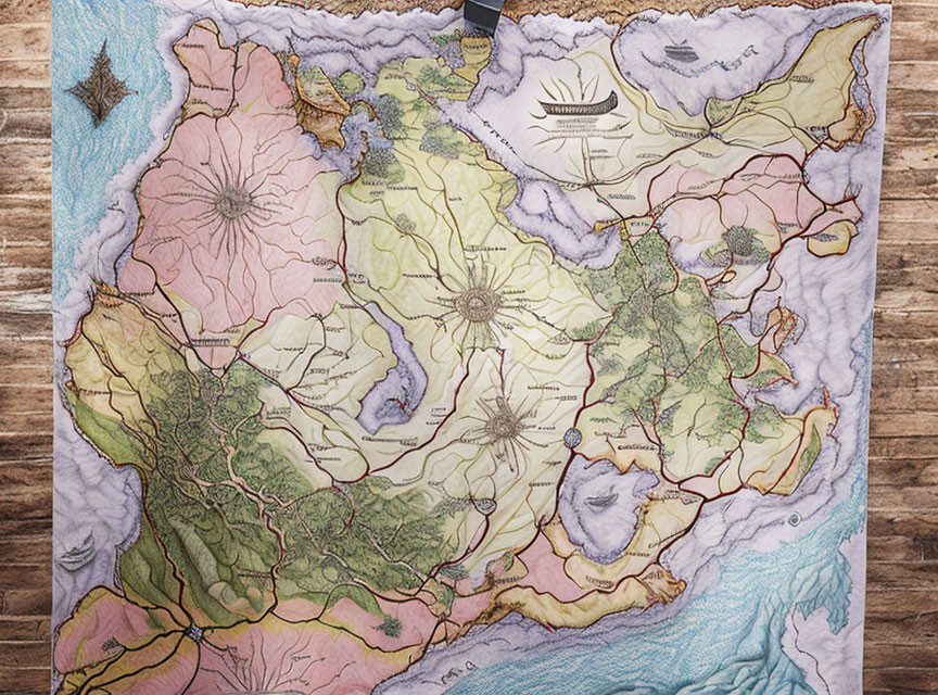 Detailed Vintage-Style Fantasy Map on Wooden Surface