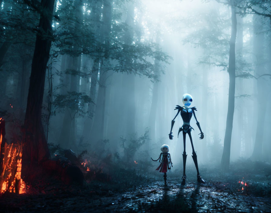 Stylized image of skeletal figures in misty, blue forest with fire & red flora