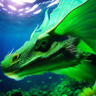 Green iguana with dragon wings underwater in sunlight.
