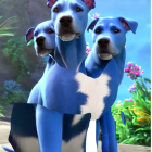 Stylized blue and white canines in misty forest setting