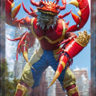 Colorful anthropomorphic creature in lobster-like appearance wearing jeans in battle-ready pose with old stone wall.