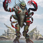 Elaborate lobster-themed warrior on beach with raised clawed gauntlets