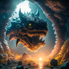Spiky-scaled dragon-like creature in dimly lit cave with glowing pumpkin