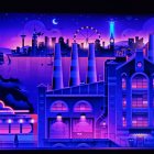 Fantasy castle at night with neon lights and stars in purple and blue hues