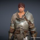 Fantasy game character in armor with cape on interface backdrop
