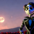 Skeleton Character in Pinstripe Suit Smiling Under Full Moon