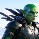 Green-skinned male character in armor with black wings against mountain backdrop