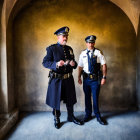 Historical military uniforms: Two people with swords in stone corridor