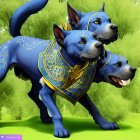 Vibrant blue animated dogs with golden adornments in sunny landscape