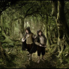 Animated boy and girl walking in sunlit mystical forest