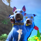 Three animated blue dogs with white markings and necklaces in sunny outdoor scene
