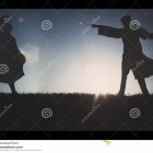 Animated characters in medieval attire with sword and staff in grassy field at sunset