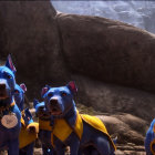 Four Blue Dogs with Various Expressions on Rocky Terrain