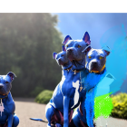 Three Blue Animated Dogs with Golden Collars in Sunny Outdoor Setting