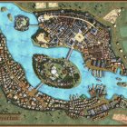 Detailed Fantasy Cityscape Illustration with River, Walls, Island, and Greenery
