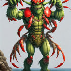 Muscular humanoid creature with crab-like features on beach in fantasy or sci-fi setting