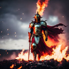 Armored knight kneeling in front of flaming background with billowing red cape under cloudy sky