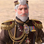Digital art of stern man with white hair, goatee, military uniform, medals, holding scepter