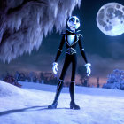 Stylized skeletal character under full moon in snowy landscape