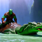 Green muscular humanoid riding large alligator in misty forest waters