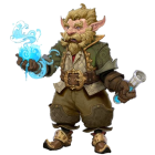Fantasy gnome with glowing blue staff in detailed attire
