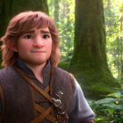 Brown-haired animated character in forest with vest and sword belt, smiling under sunlight