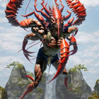 Fantasy creature with spiked armor, horns, and red claws at arched gateway.