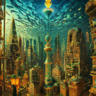 Underwater city with Asian architecture and golden light.