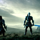 Armored figures in mountainous landscape with glowing blue sword