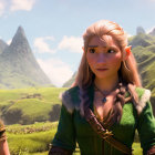 Female elves in forest: one armored with bow, one in green cloak, mystical light.