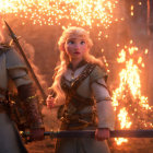 Animated Female Warriors with Fiery Effects and Glowing Sword in Twilight Castle Setting