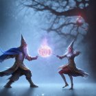 Animated characters in magical duel with glowing wands in misty forest