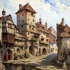 Medieval town square with cobblestone streets and half-timbered buildings