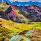 Vibrant multicolored landscape with unicorns and snow-capped mountains
