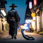 Person in Japanese attire with sword and snake in dimly lit street at dusk