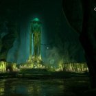 Ethereal underground city with towering structures and mystical lights